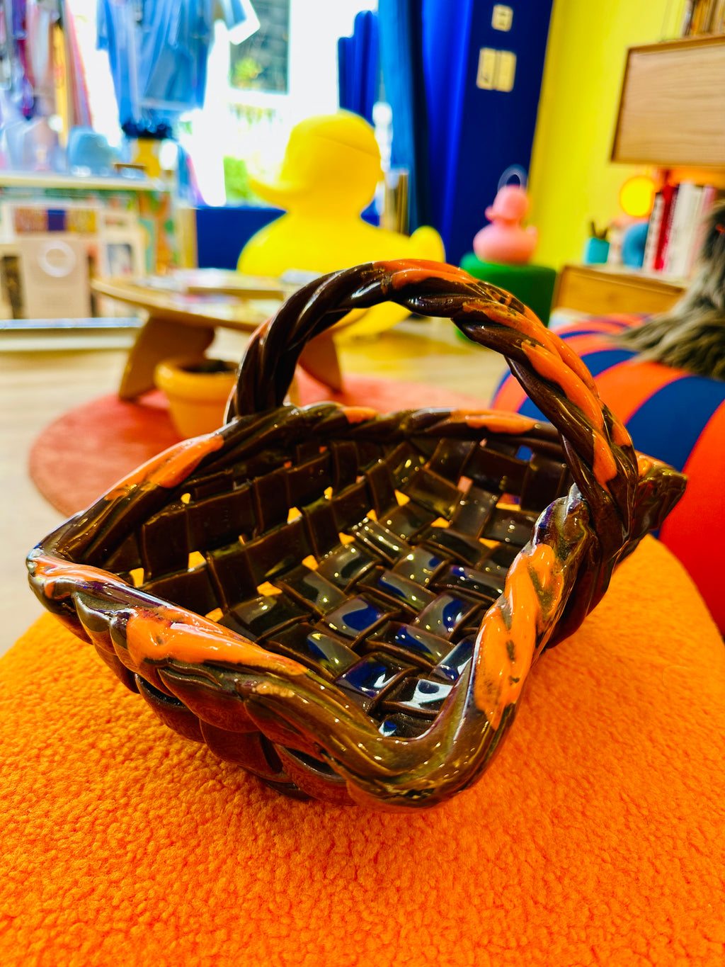 Panier en céramique de Vallauris 1960's, Orange et Marron