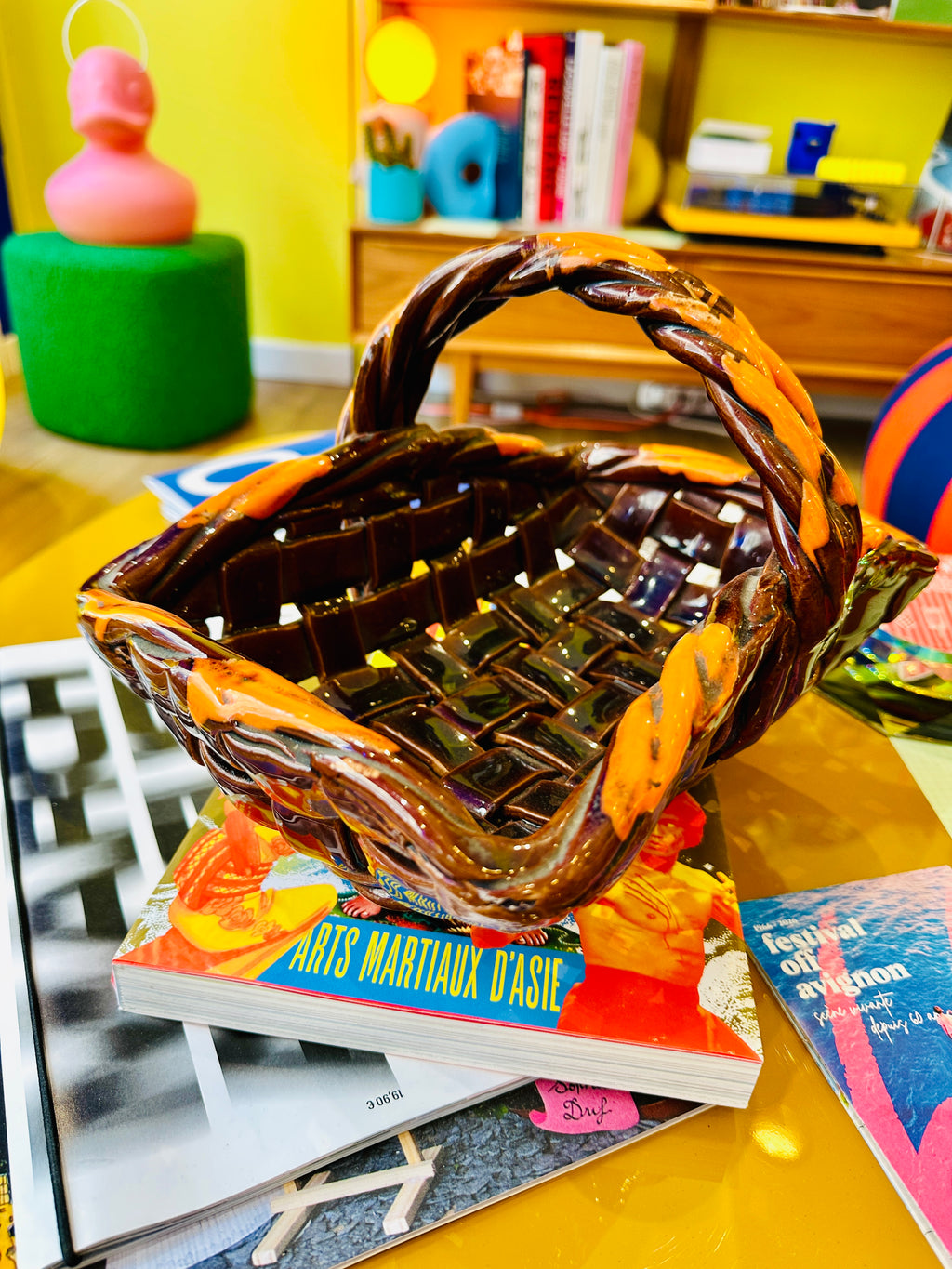 Panier en céramique de Vallauris 1960's, Orange et Marron