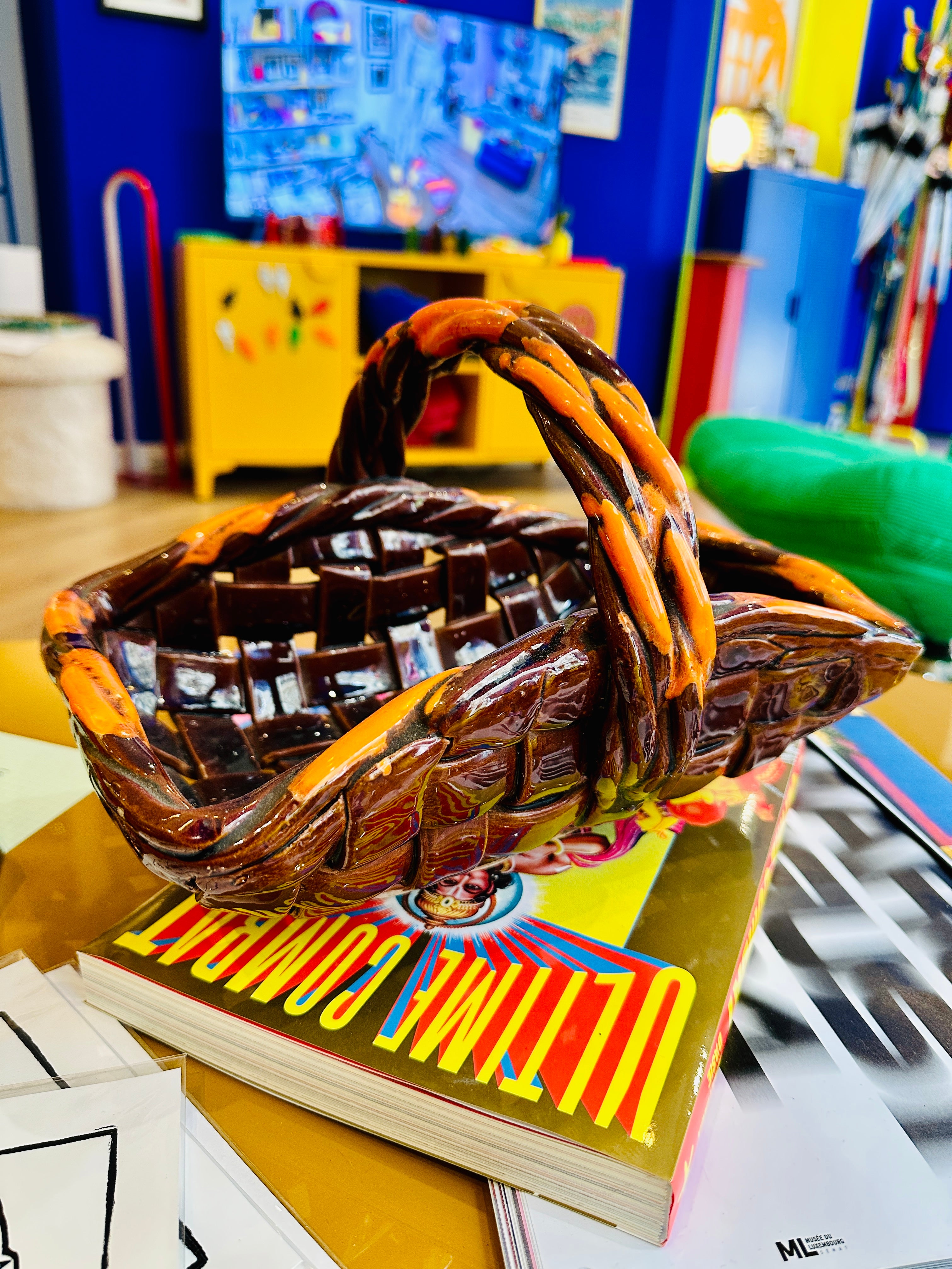 Panier en céramique de Vallauris 1960's, Orange et Marron