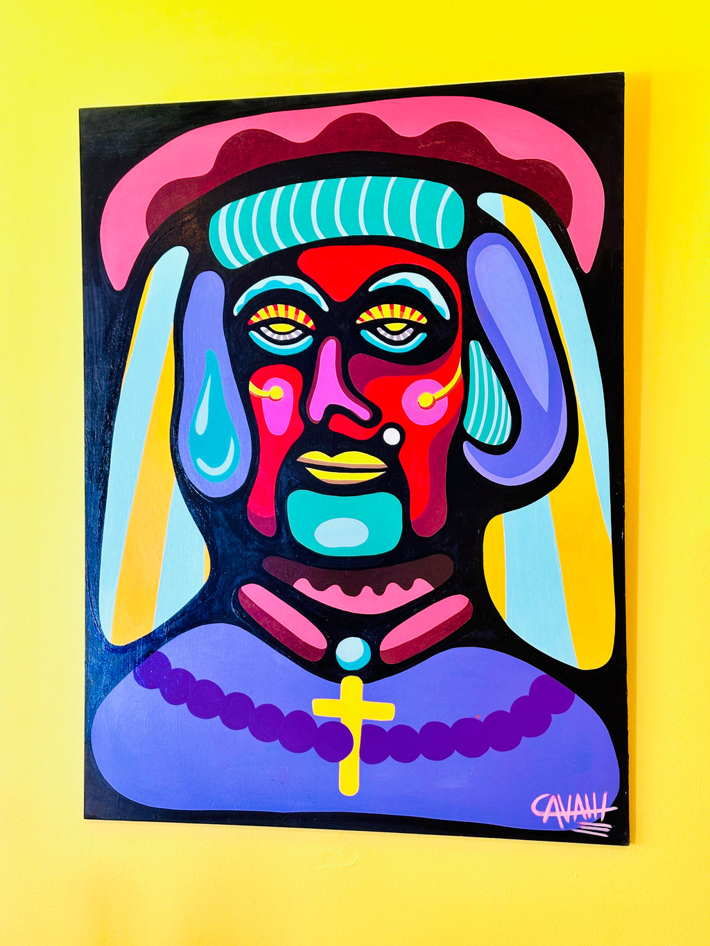 "La dame de la haute" par Cavam. Peinture sur bois de 60x80cm.