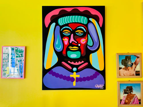 "La dame de la haute" par Cavam. Peinture sur bois de 60x80cm.