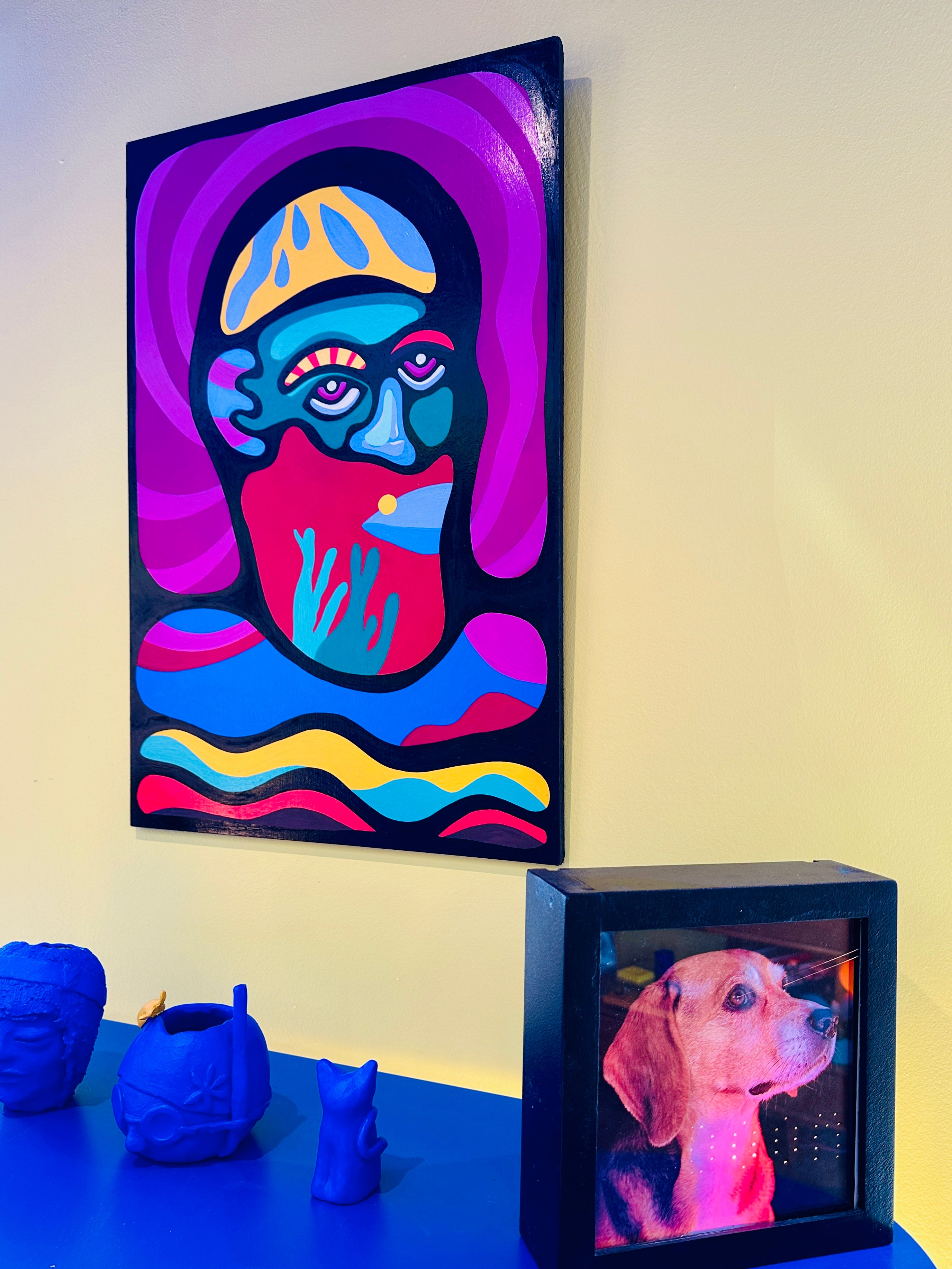 "Le pécheur" par Cavam. Peinture sur bois de 40x60cm.