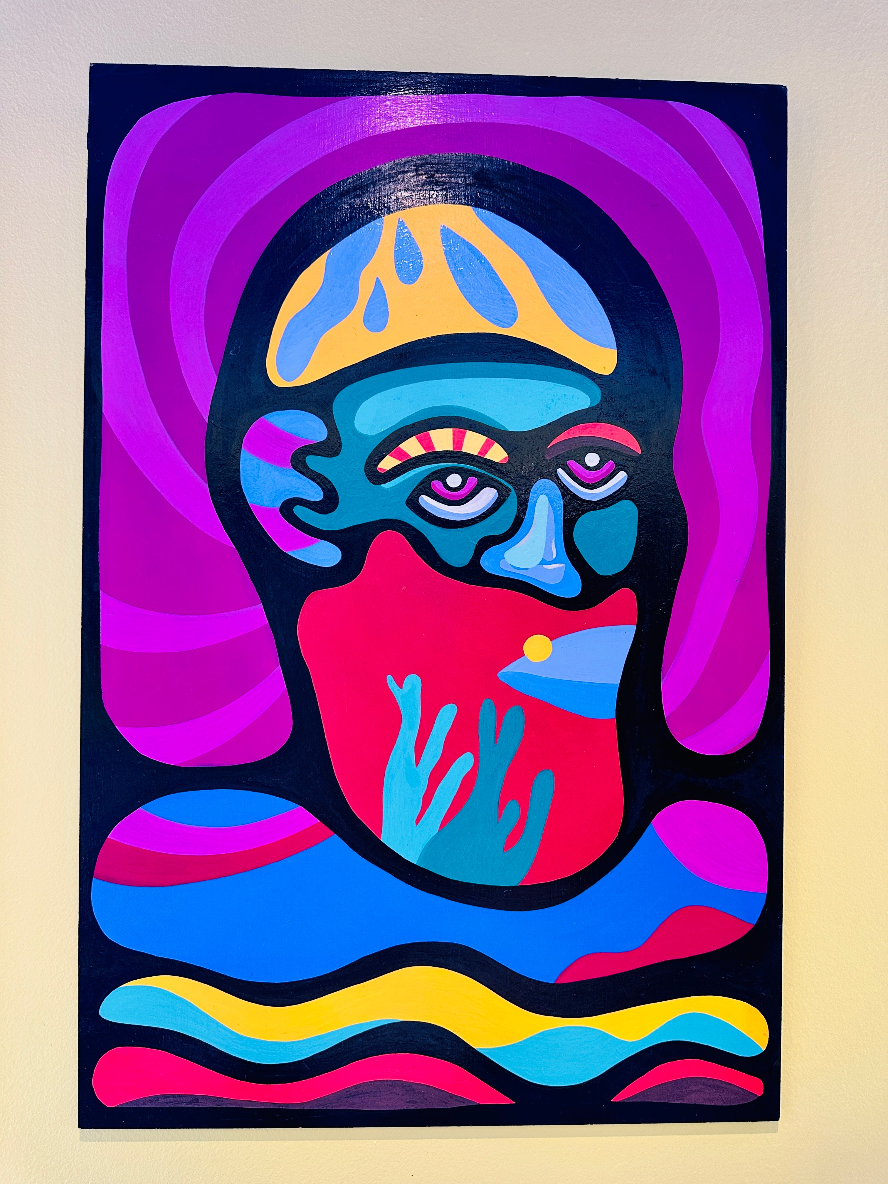 "Le pécheur" par Cavam. Peinture sur bois de 40x60cm.