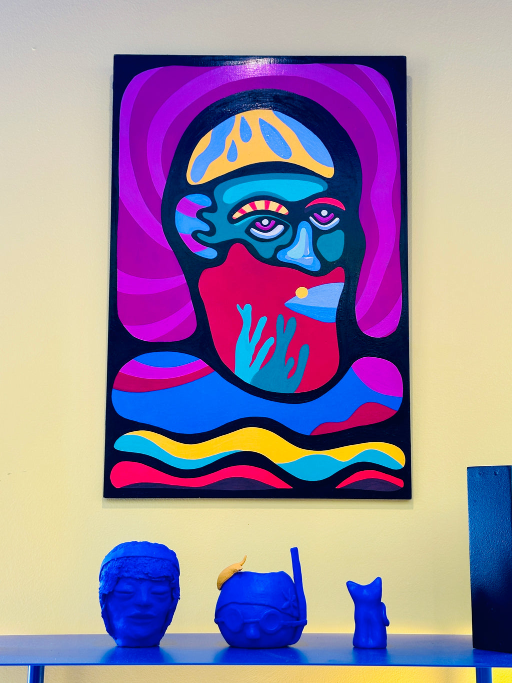 "Le pécheur" par Cavam. Peinture sur bois de 40x60cm.
