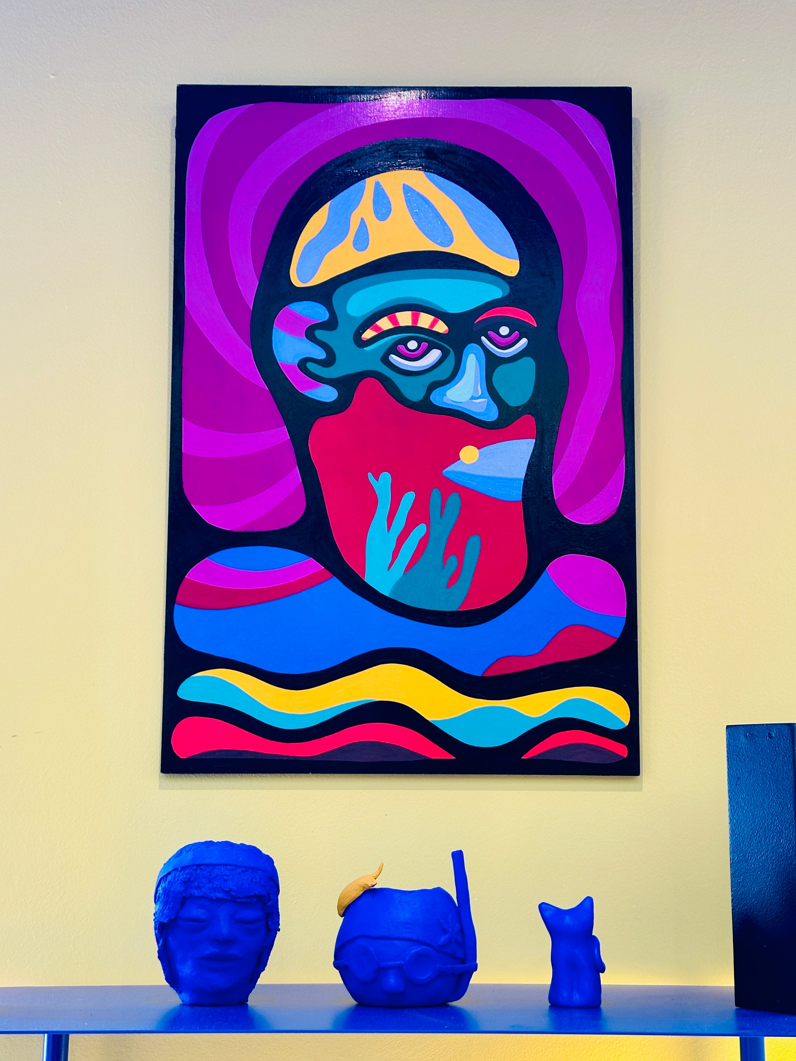 "Le pécheur" par Cavam. Peinture sur bois de 40x60cm.