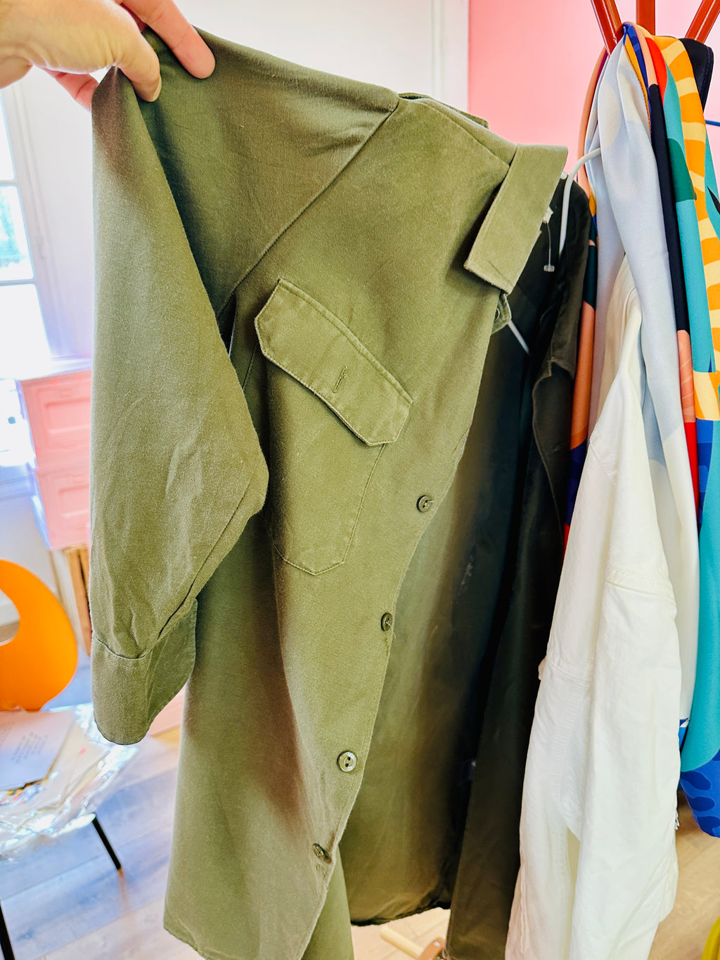 Chemise veste militaire vintage unisexe, kaki militaire, customisée.